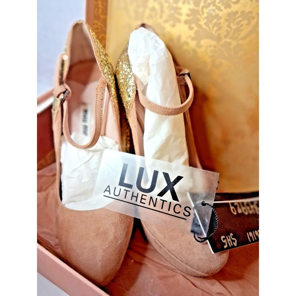 Suede Platform Pumps, Miu Miu,Glitter Heel Accent Womens SZ  7.5 NEW